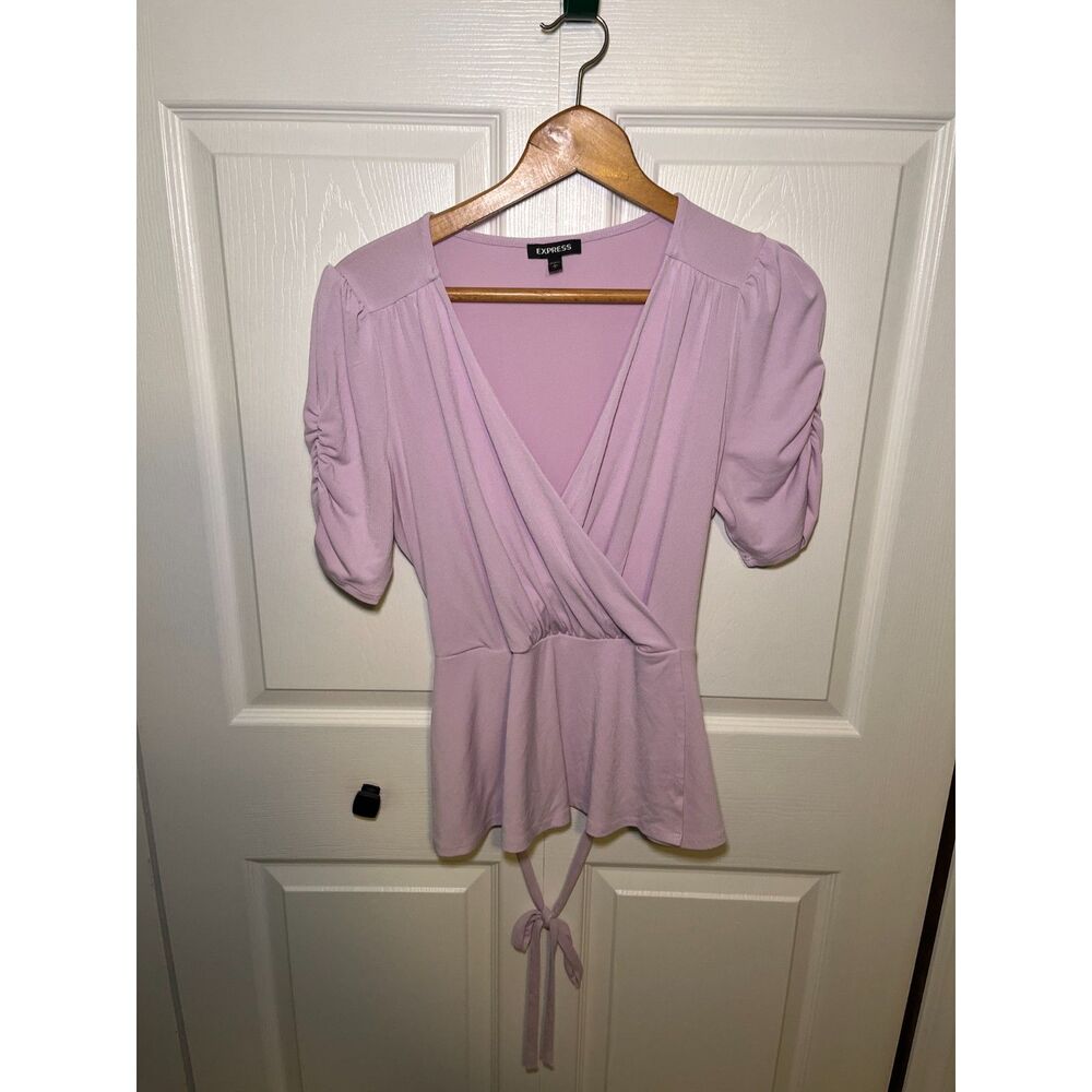 Express Lilac Wrap Peplum Top Womens Large Puff Sleeve Tie Waist Blouse